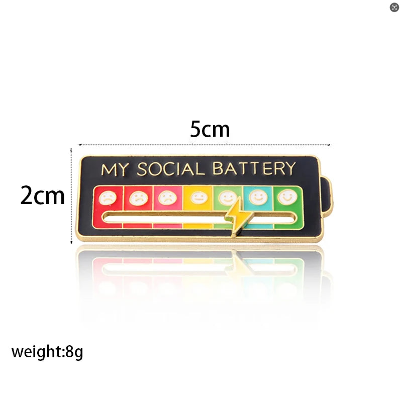 Pin with 'My Social Battery' design and measurements on a white background
