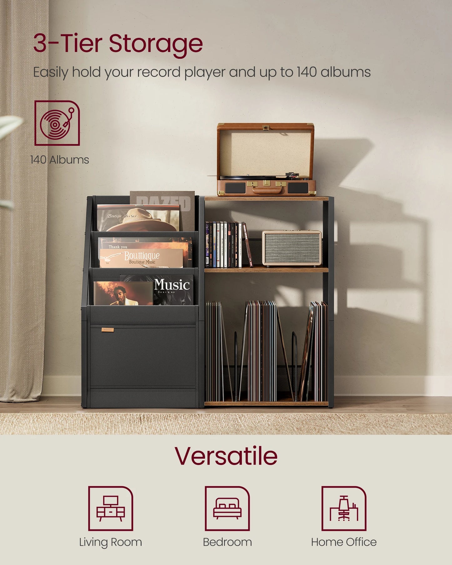 3-tier storage unit with vinyl records and record player, suitable for living room, bedroom, and home office.