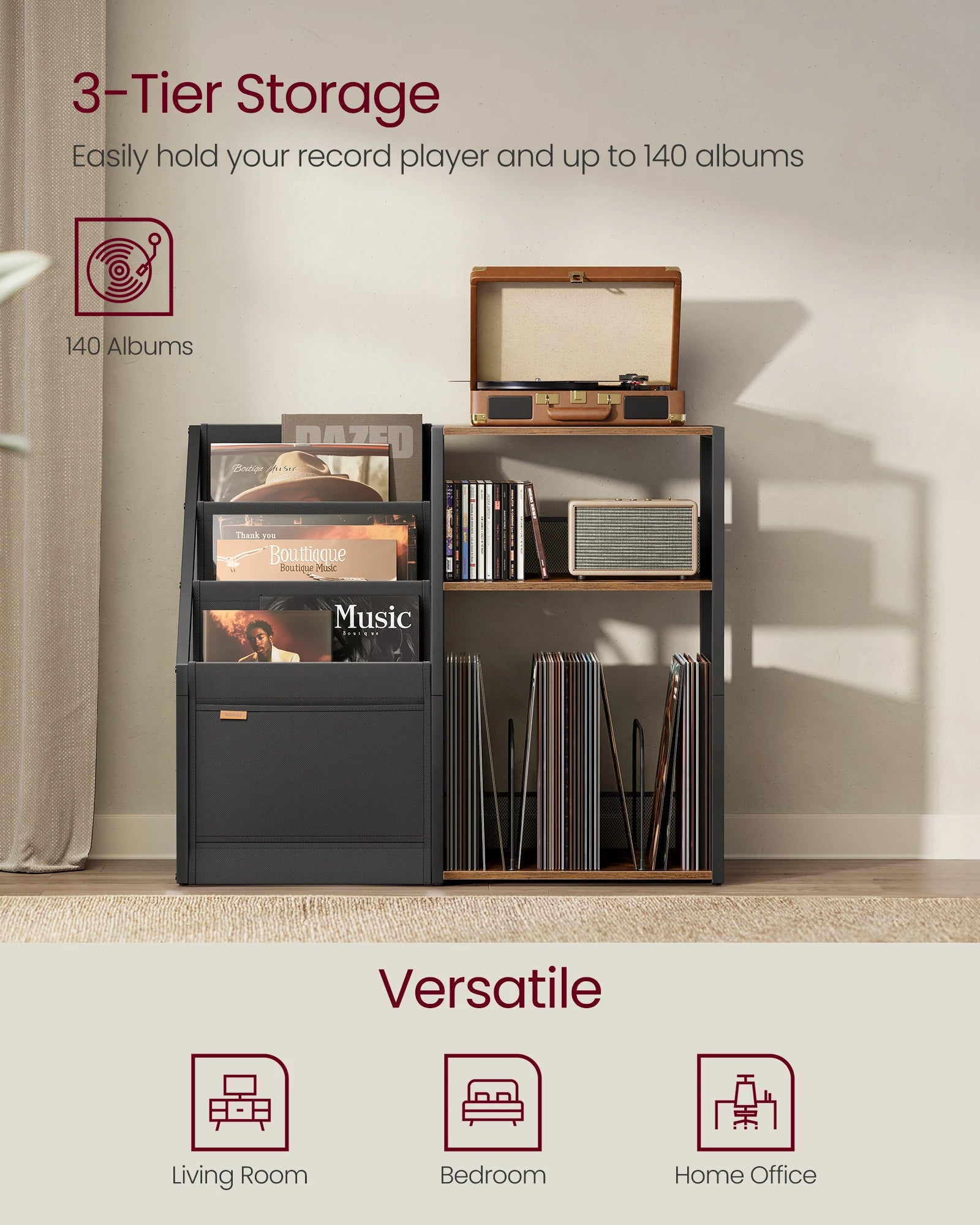 3-tier storage unit with vinyl records and record player, suitable for living room, bedroom, and home office.