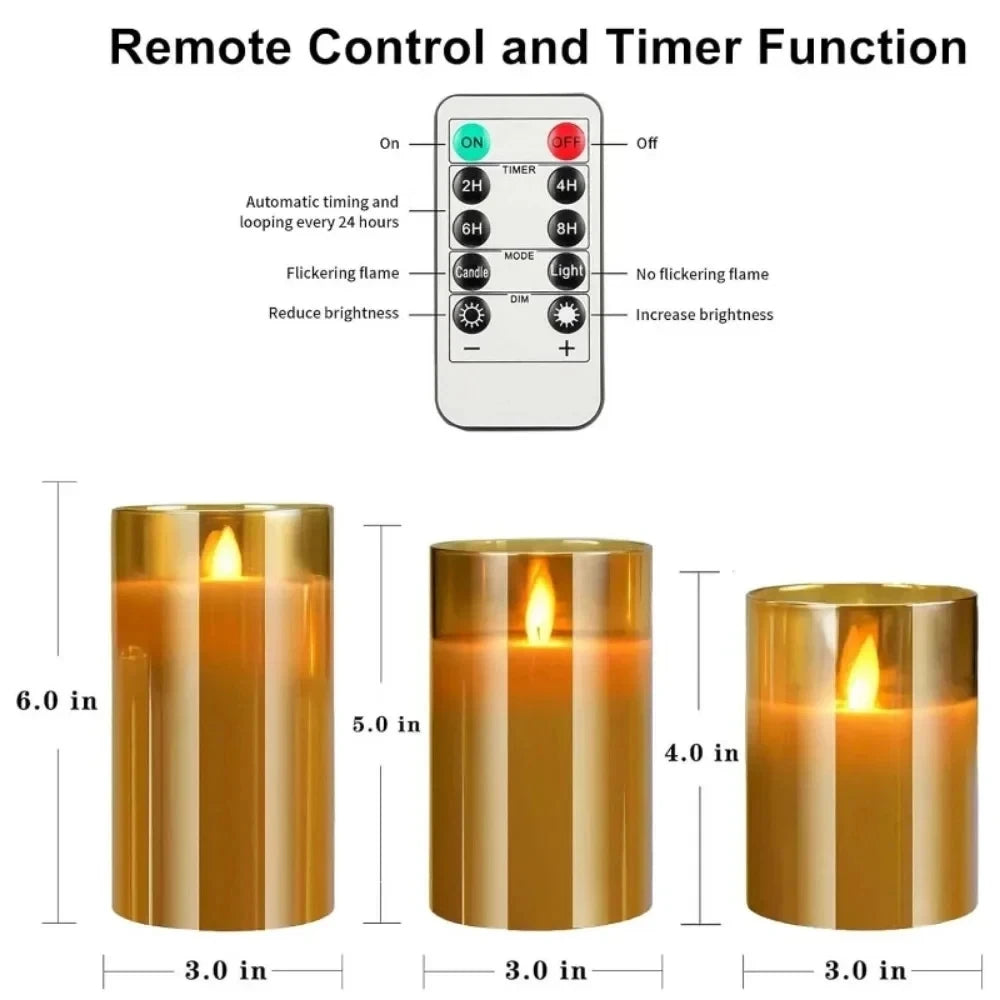 Remote control with timer function for LED candles, showing dimensions and features.