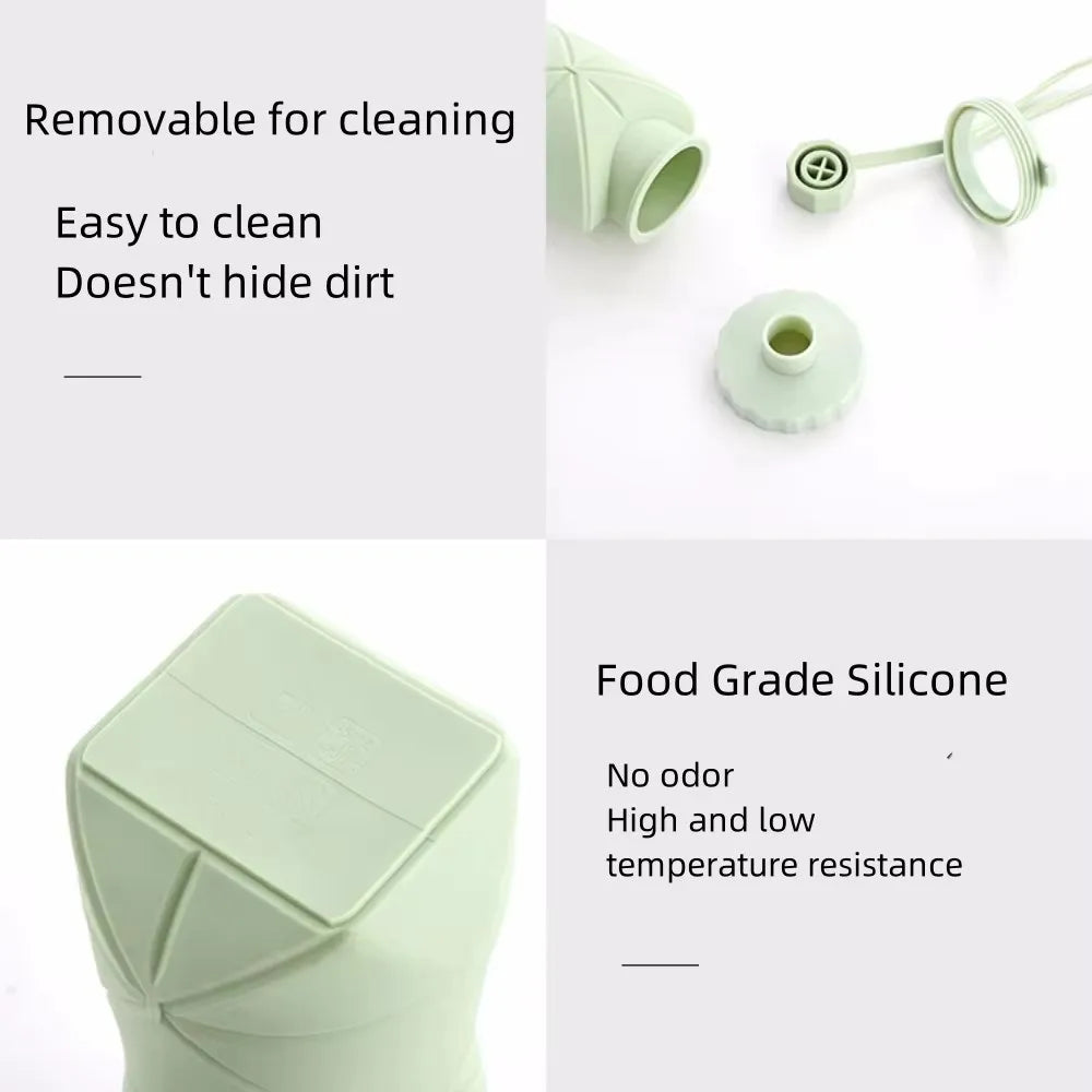 Green silicone Water Bottle product with text highlighting features on a white background