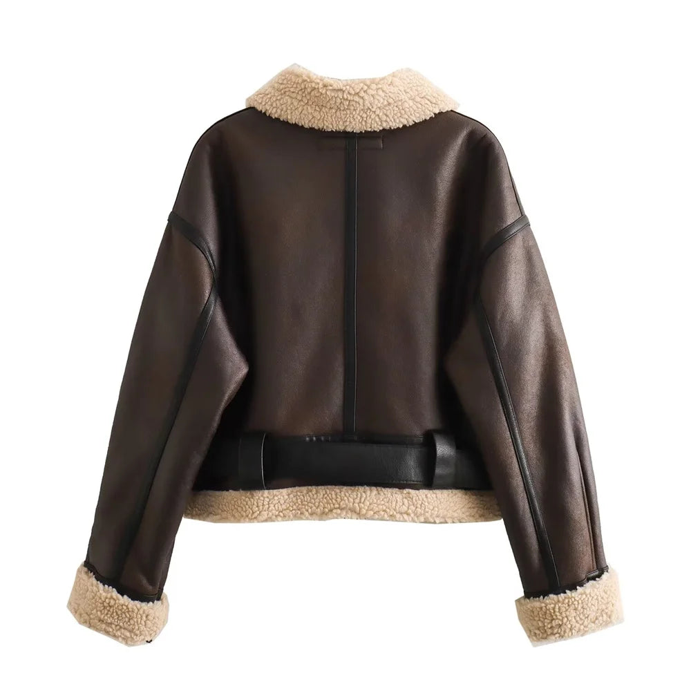 Brown aviator jacket with beige fur lining on a white background
