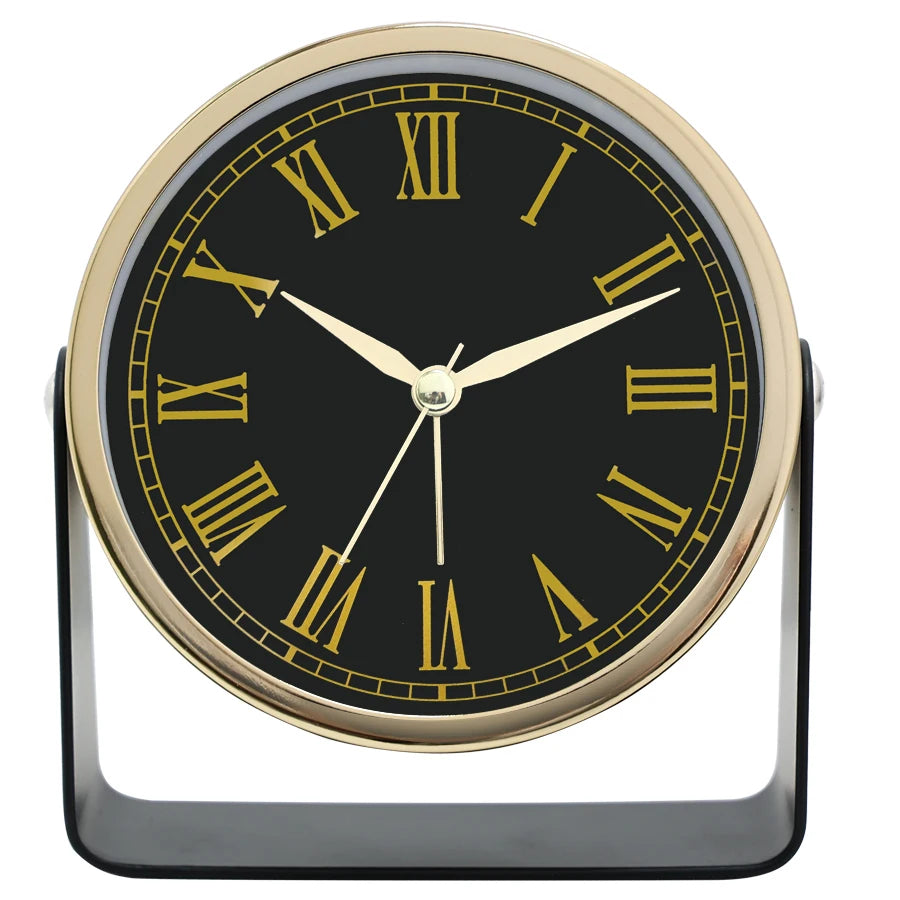 Round clock with black face, gold Roman numerals, and gold casing on a white background
