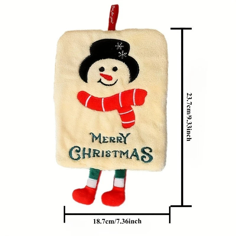 Christmas-themed hand towels with snowman design and 'Merry Christmas' text, featuring measurements.