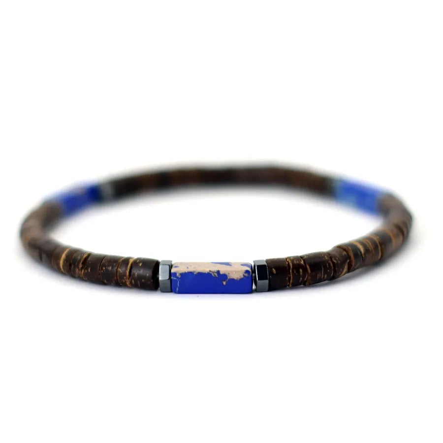 Bracelet with blue and brown beads on a white background