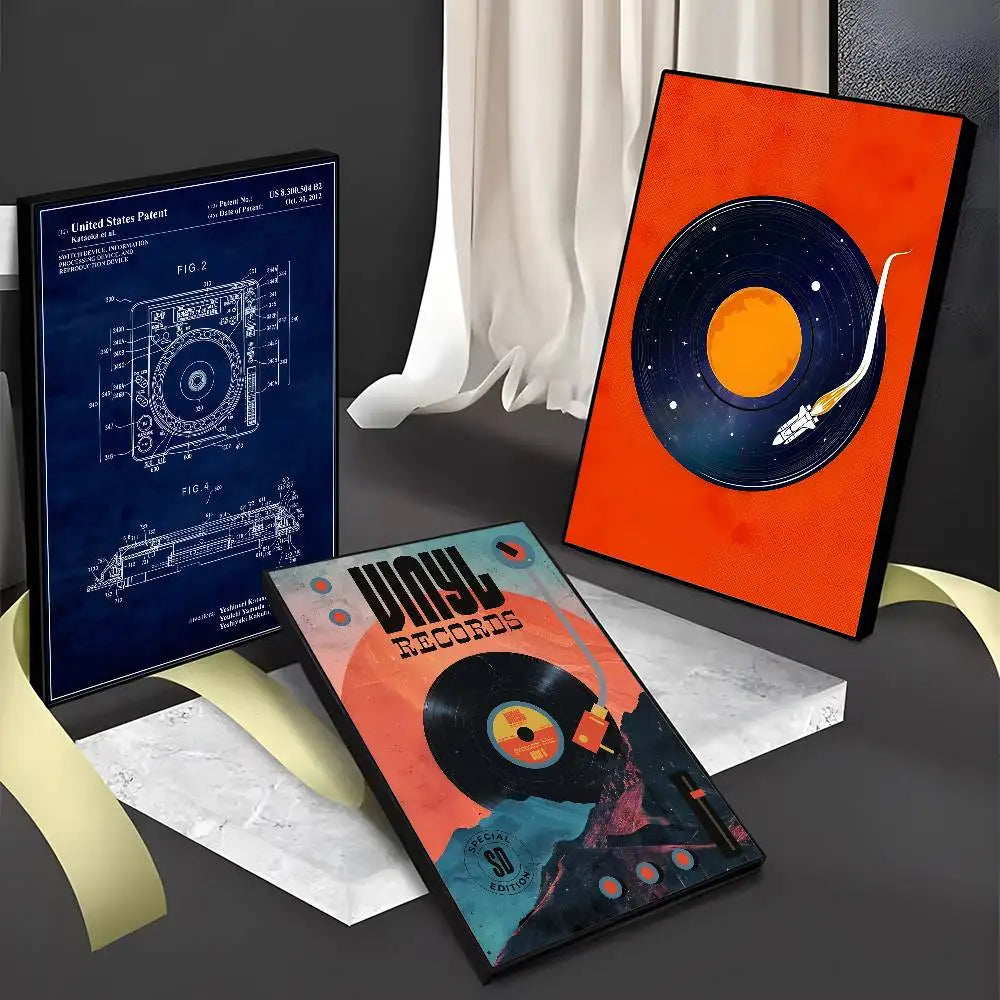 Vinyl record-themed products including a blueprint, a poster, and a book on a dark surface with white curtains.