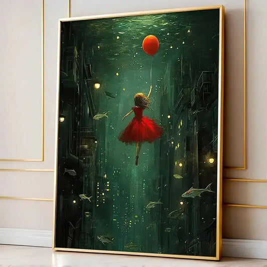Framed artwork of a girl in a red dress floating underwater with a fish and a red balloon.