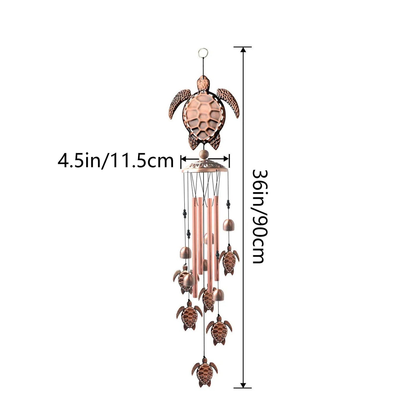 Tortoise-shaped wind chime with measurements on a white background