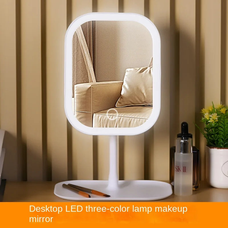 Desktop LED three-color lamp makeup mirror on a table with a striped wall background
