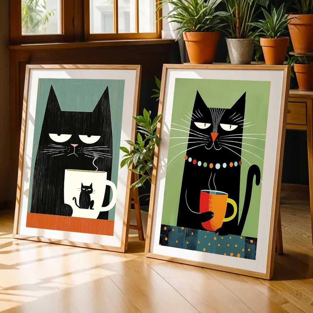 Two framed illustrations of cats with coffee cups on a wooden floor with plants in the background.