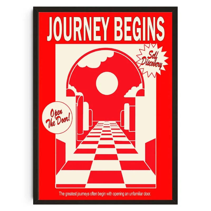 Poster with a red and white checkered hallway and text 'Journey Begins' on a red background.