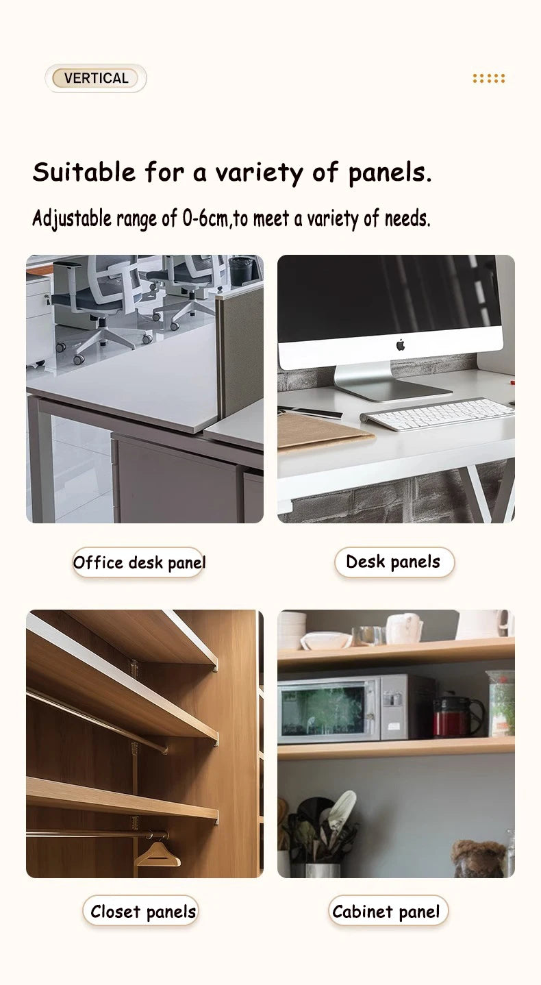 Product page showing office desk, desk panels, closet, and cabinet panels with text about adjustable range.