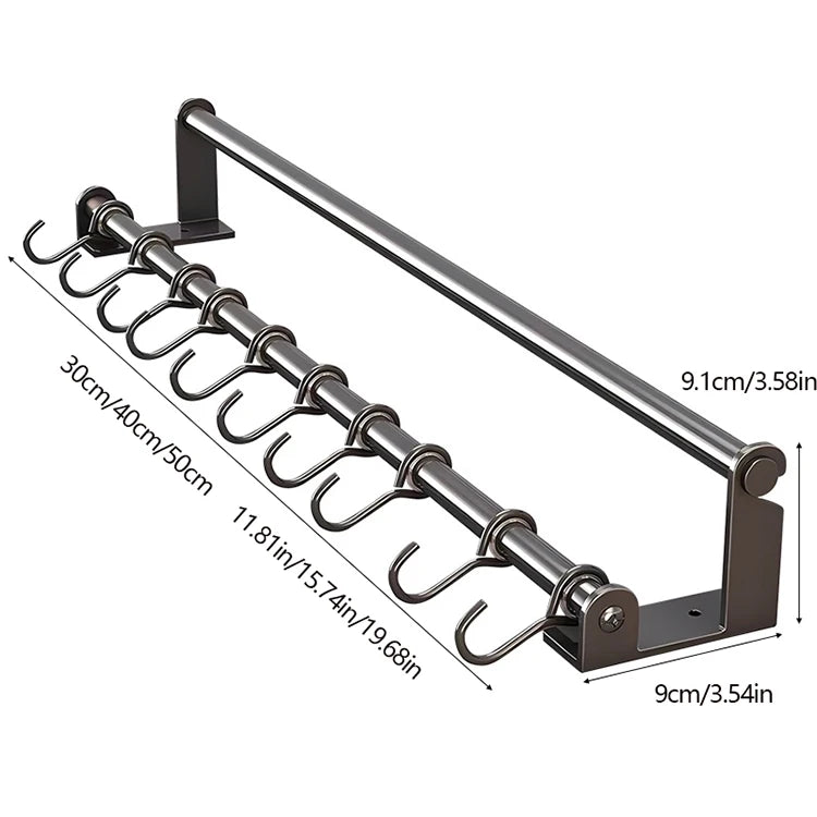Metal hook rack with adjustable length on a white background