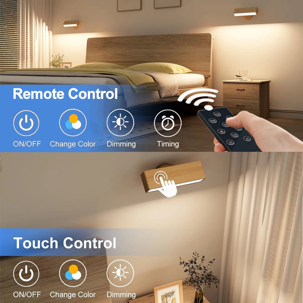 Remote control and touch control for lighting with a bedroom setting.