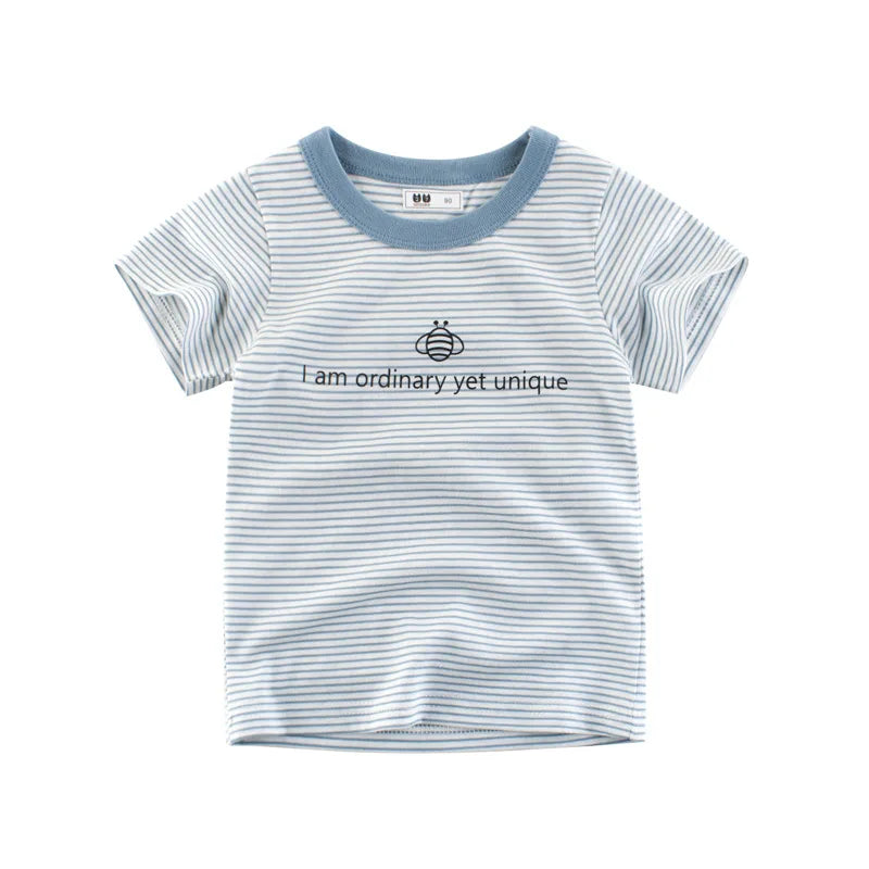 Striped t-shirt with text and logo on a white background
