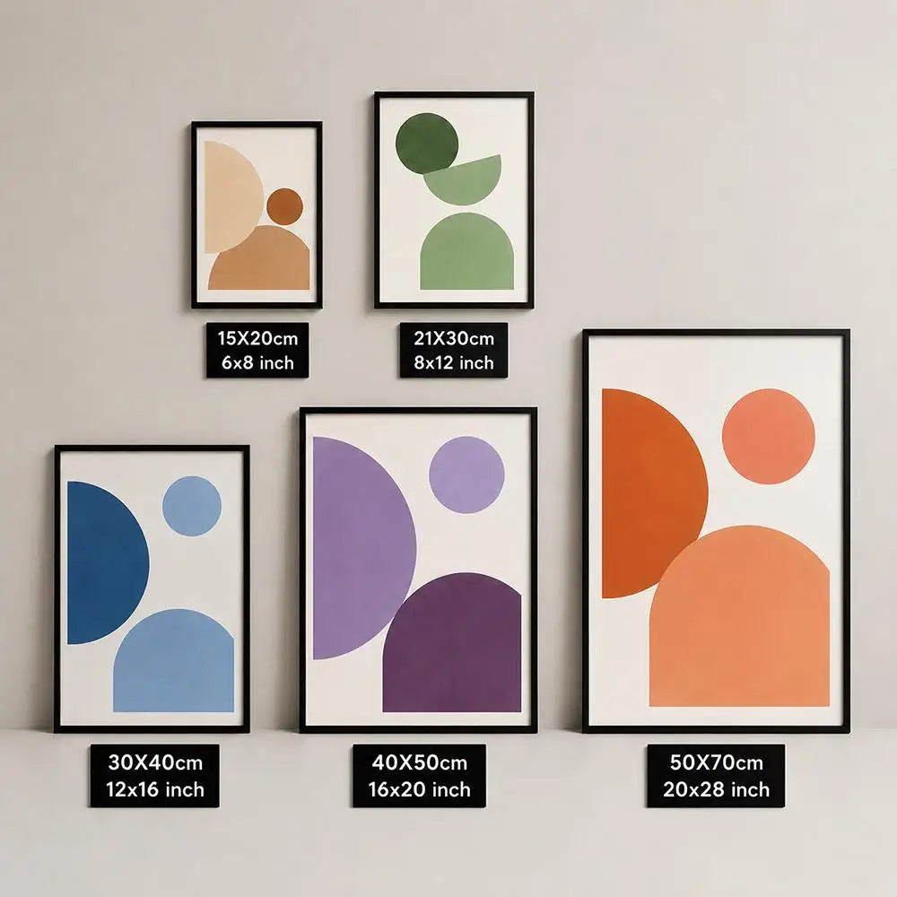 Five framed abstract geometric wall art prints in different sizes, arranged on a light gray wall with size labels beneath each frame.