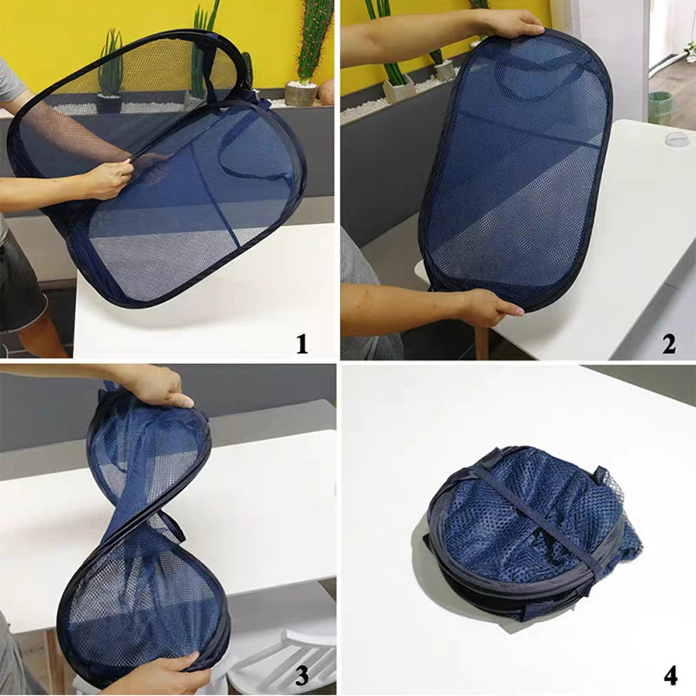 Collage of a person folding a blue mesh bag on a white table.