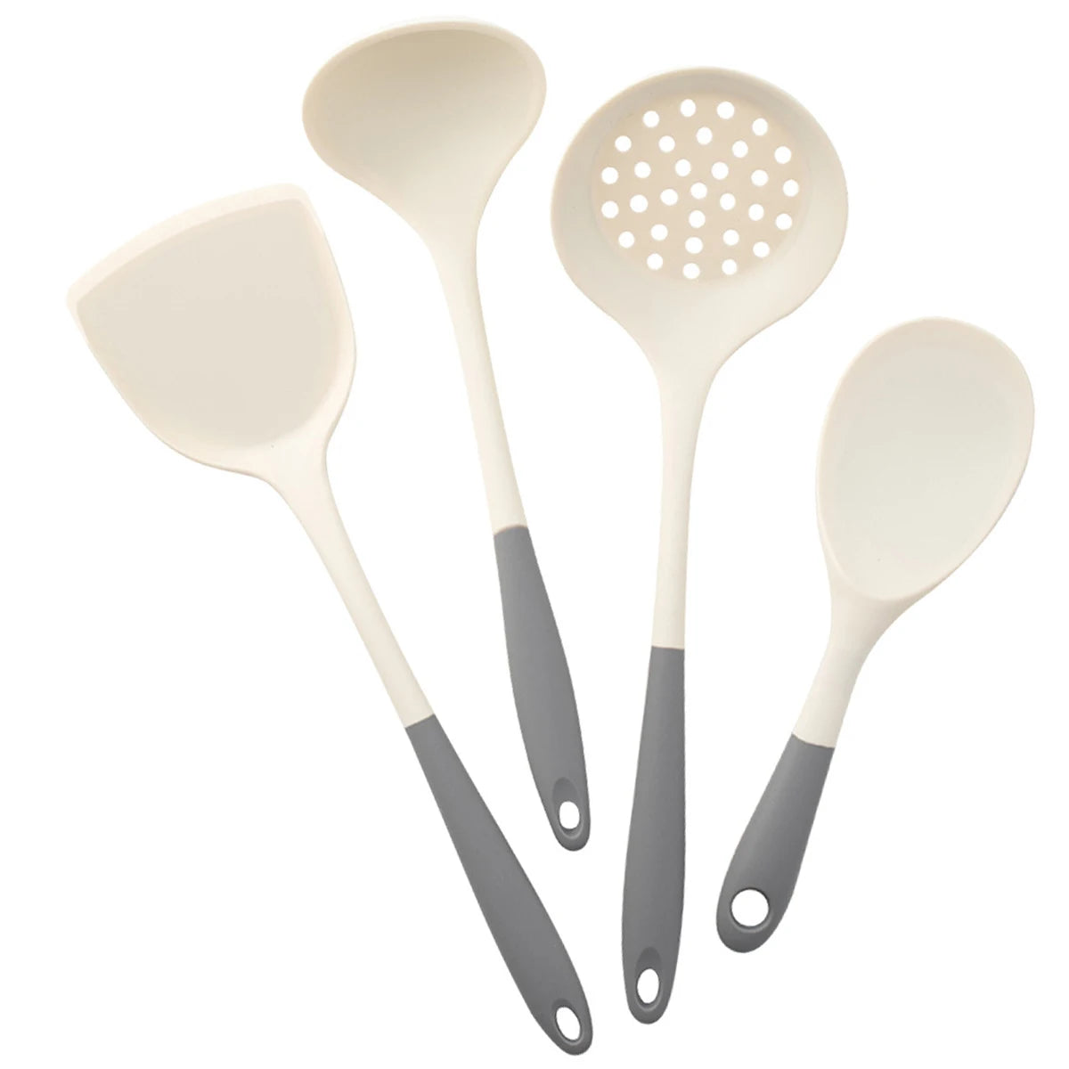 Set of four kitchen utensils with gray handles on a white background