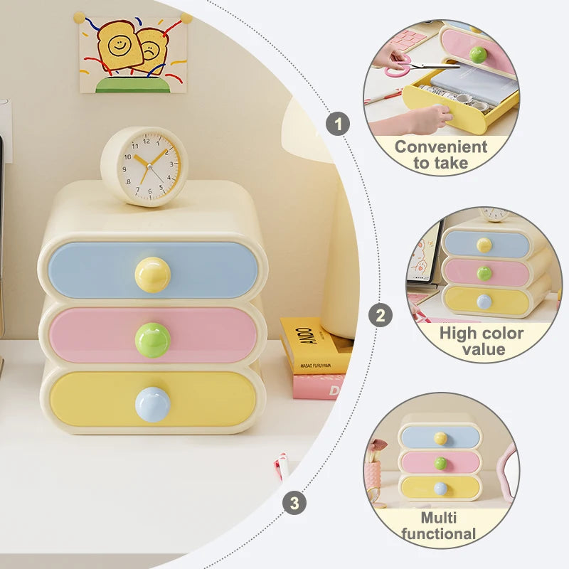 Pastel-colored multi-layered organizer with drawers on a white surface, surrounded by circular insets highlighting features.