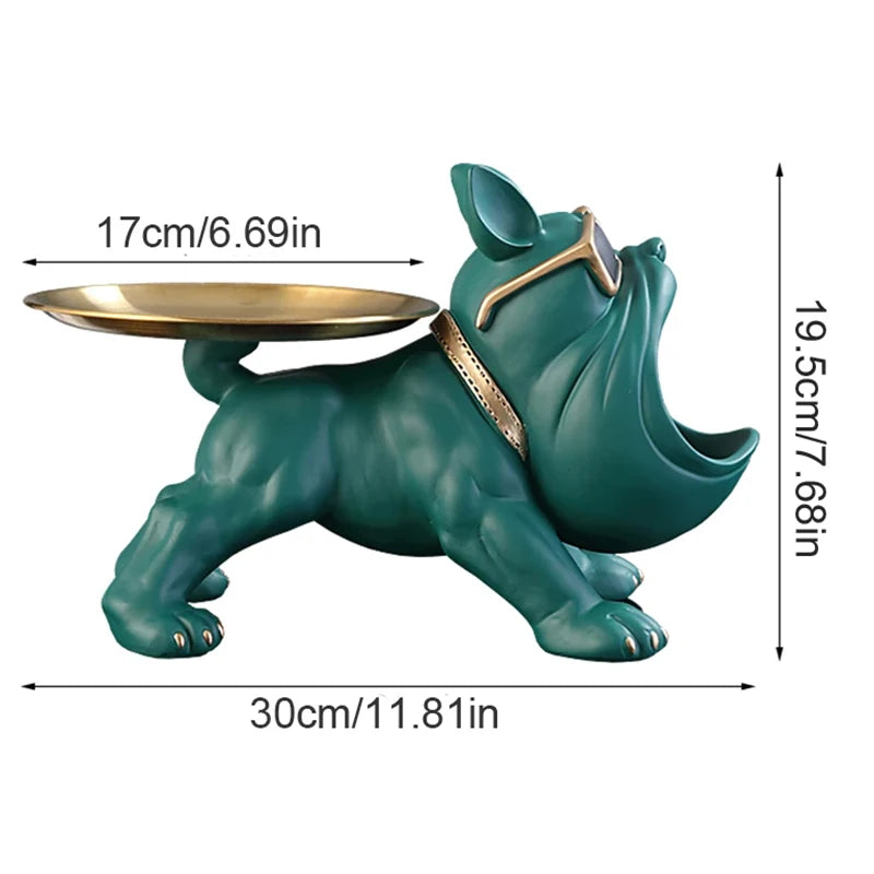 Teal bulldog-shaped table with dimensions on a white background