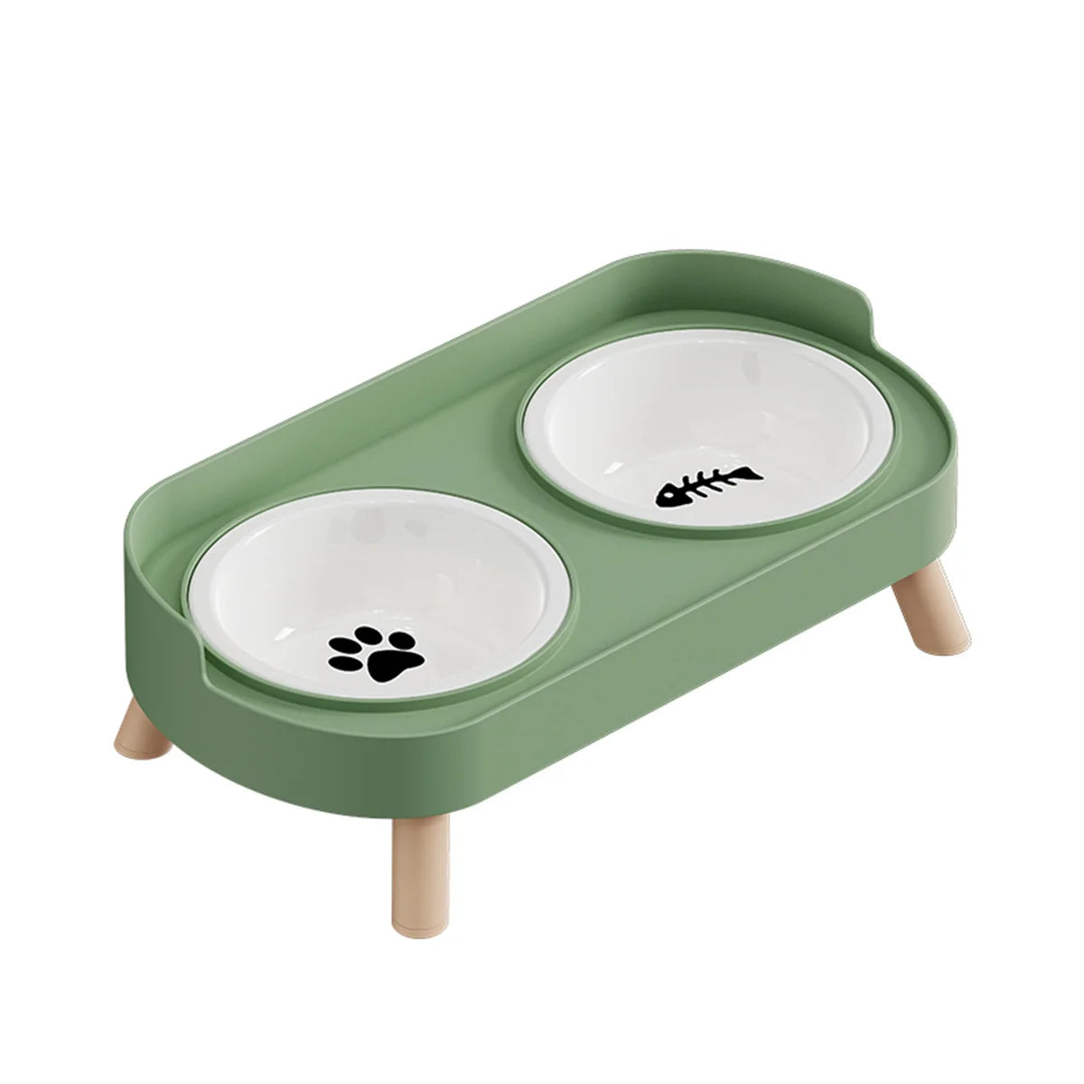 Green pet feeding station with two white bowls on a white background