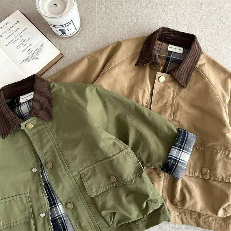 Boys Plaid Lined Jacket, Spring Autumn Cotton Coat