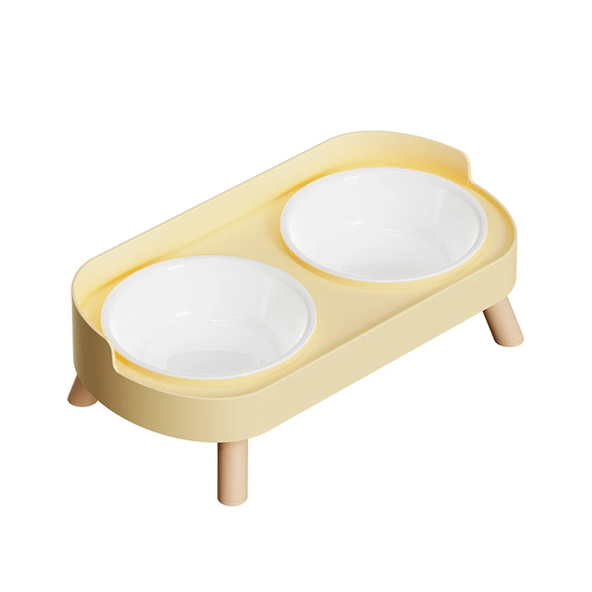Yellow pet feeder with two white bowls on a white background