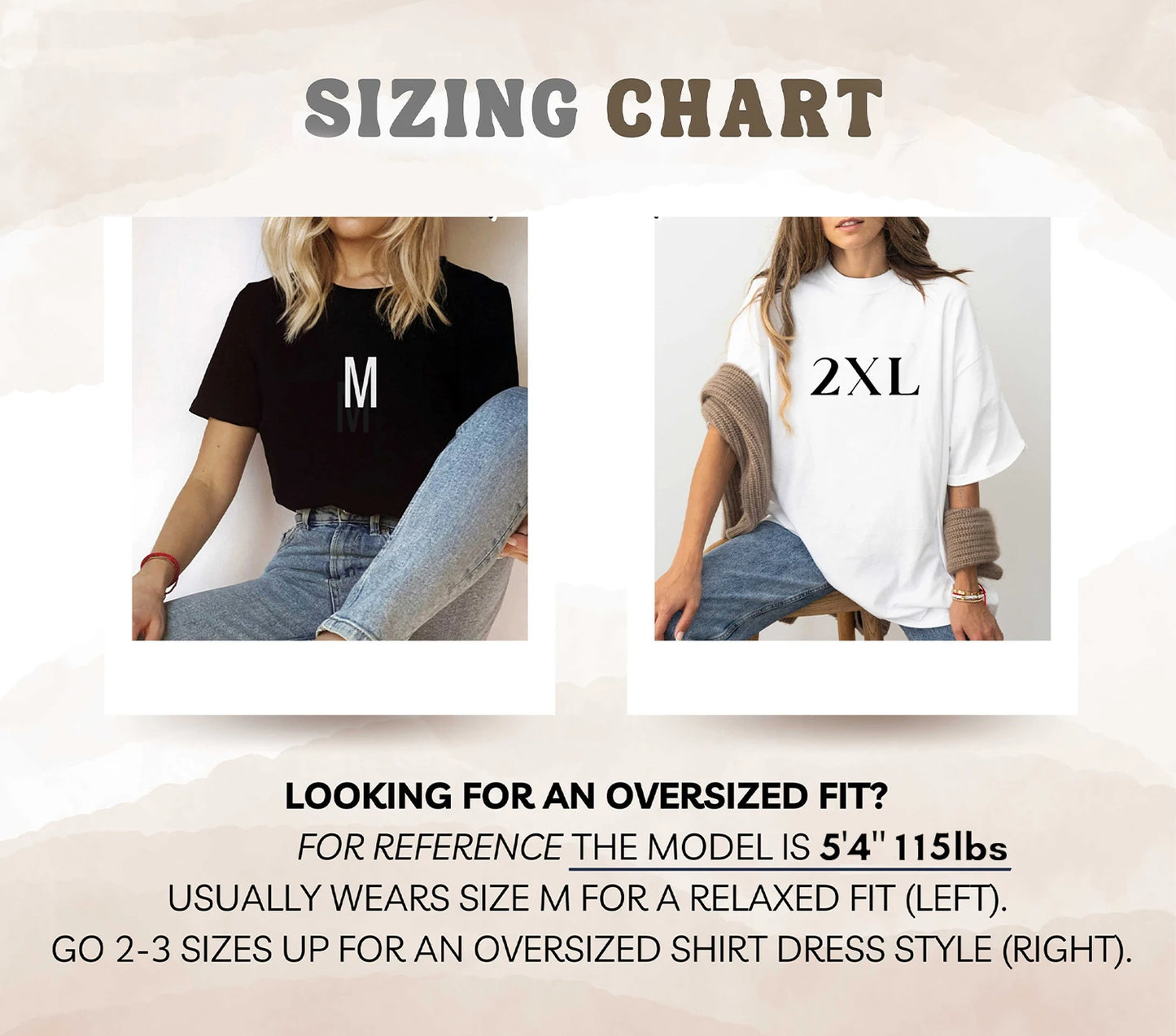 Sizing chart showing two models wearing different sizes of shirts with text explaining size reference.