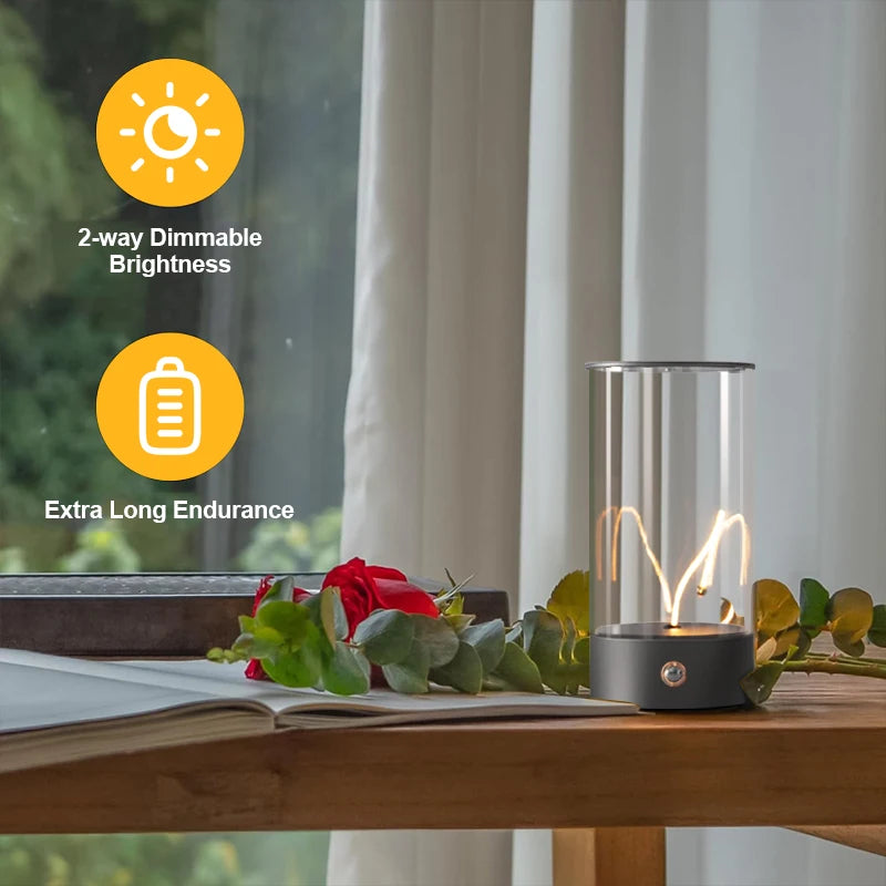 Table lamp on a wooden surface with decorative flowers and text highlighting features like 2-way dimmable brightness and extra long endurance.