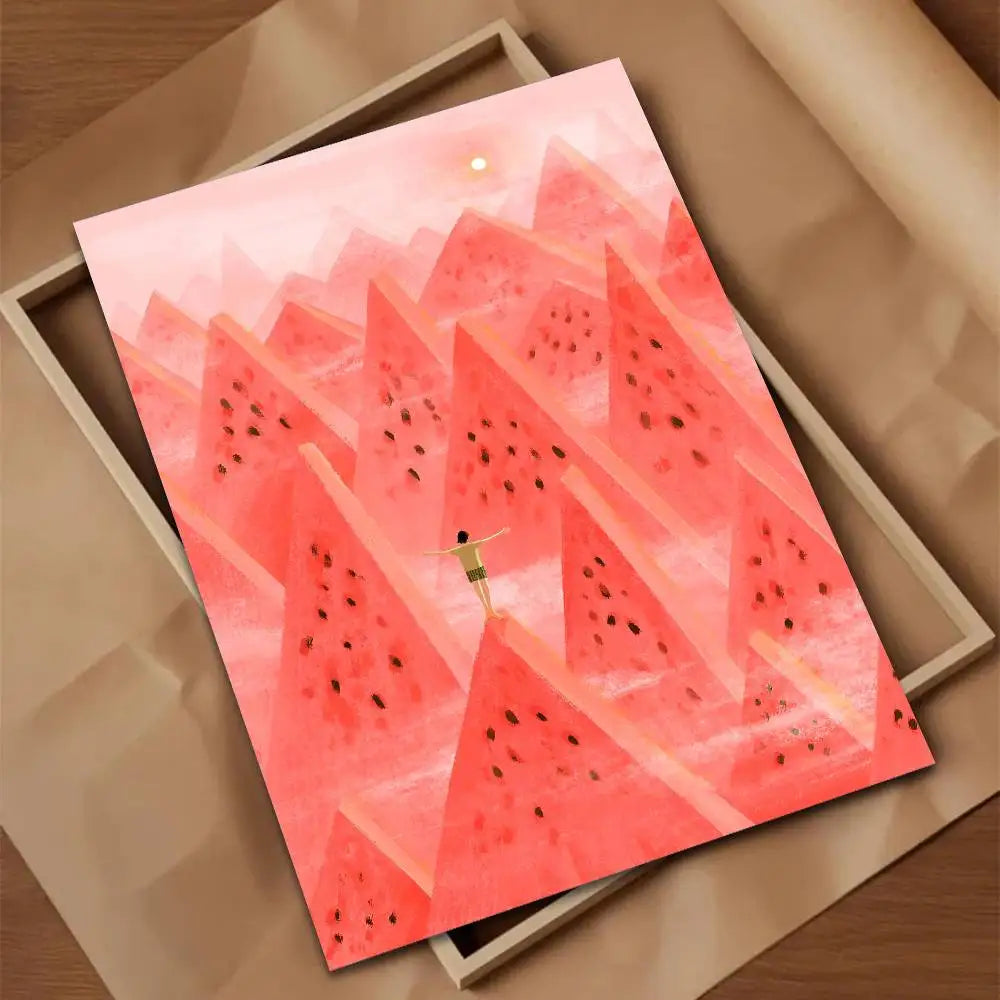 Poster with watermelon design on a wooden surface