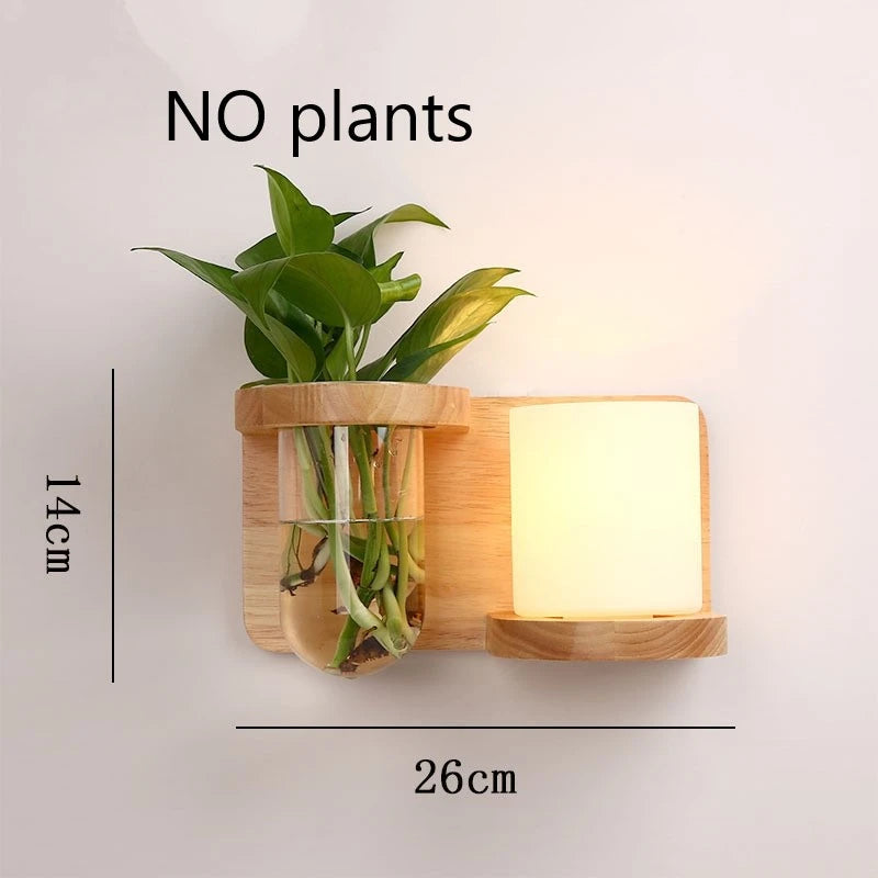 Wall-mounted lamp with plant holder and measurements on a light background