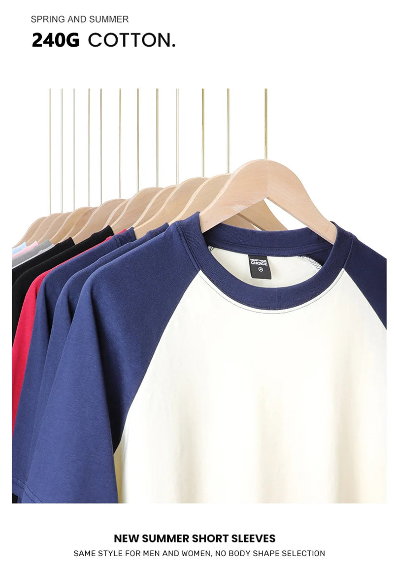 Blue and white short-sleeve shirt on a hanger with text about cotton content and style availability.