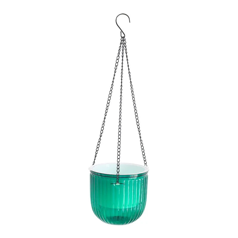 Green hanging transparent planter with a chain on a white background