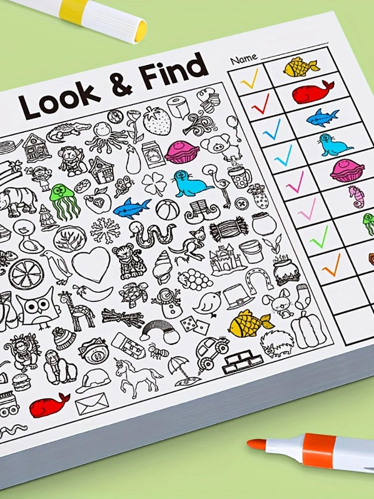 Children's activity sheet titled 'Look & Find' with illustrations and checkboxes on a green background.