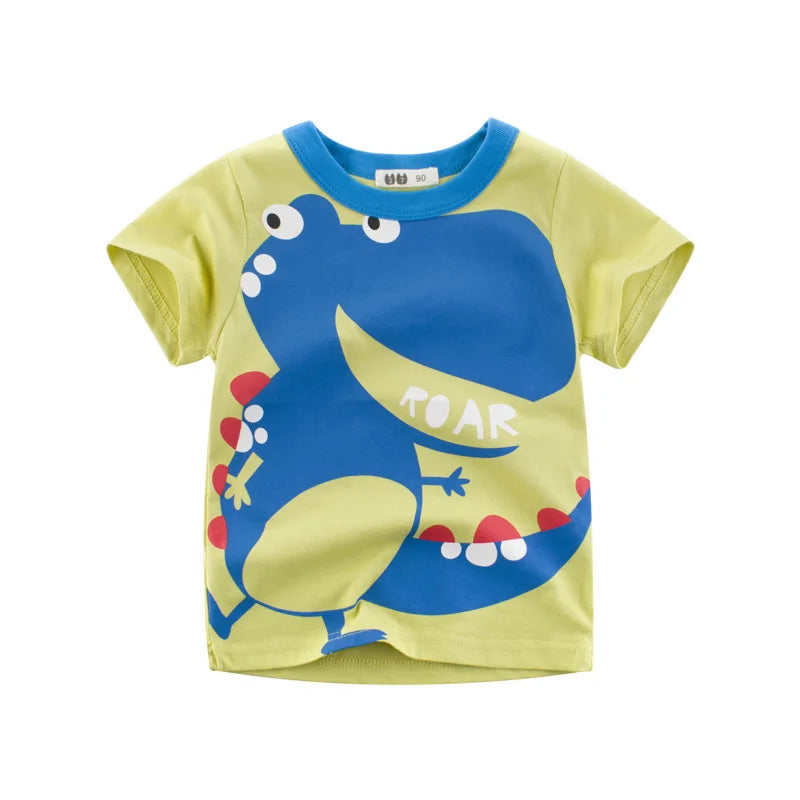 Children's t-shirt with a blue dinosaur graphic on a white background