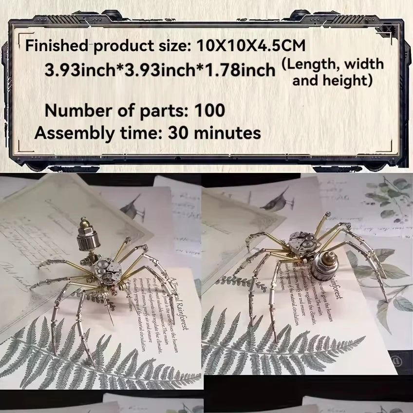 Metal spider model with assembly information on a leafy background
