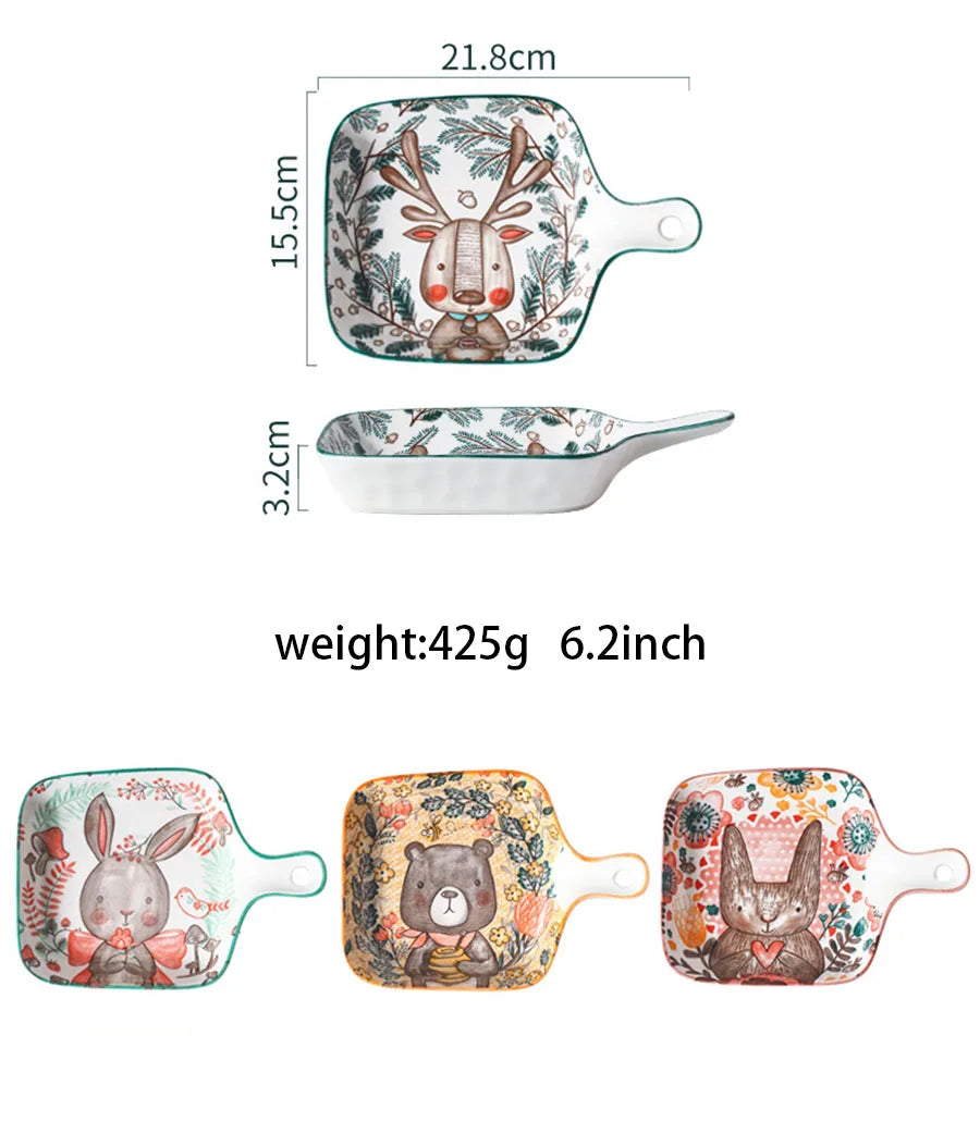 Set of ceramic plates with animal designs and dimensions on a white background