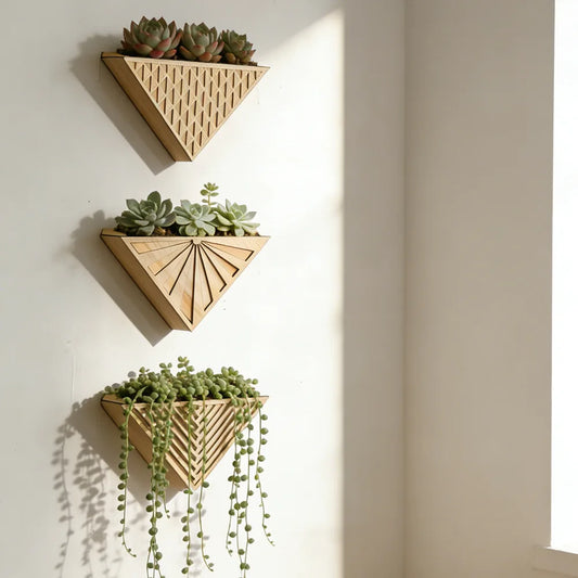 Three triangular wooden planters with succulents on a light wall.