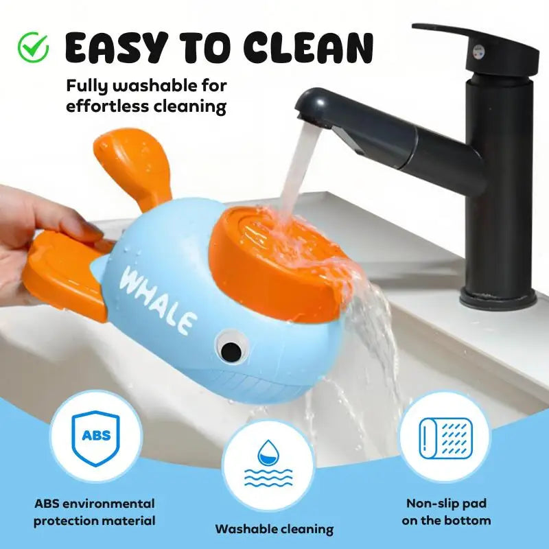Blue and orange whale-shaped toy being washed under a faucet with text indicating it's easy to clean.