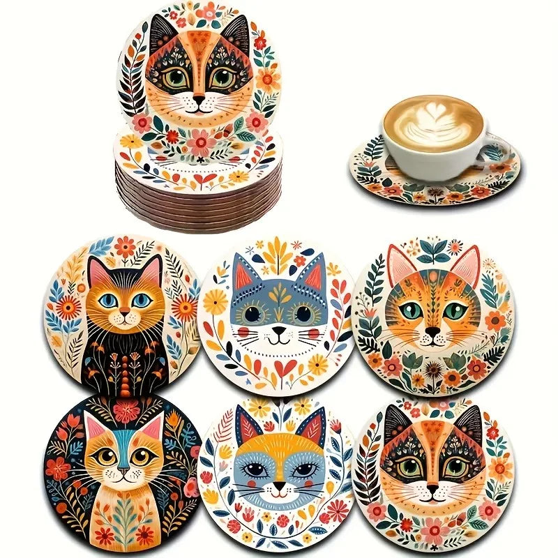 6-Piece Cat Themed Wooden Coaster Set with Floral Design