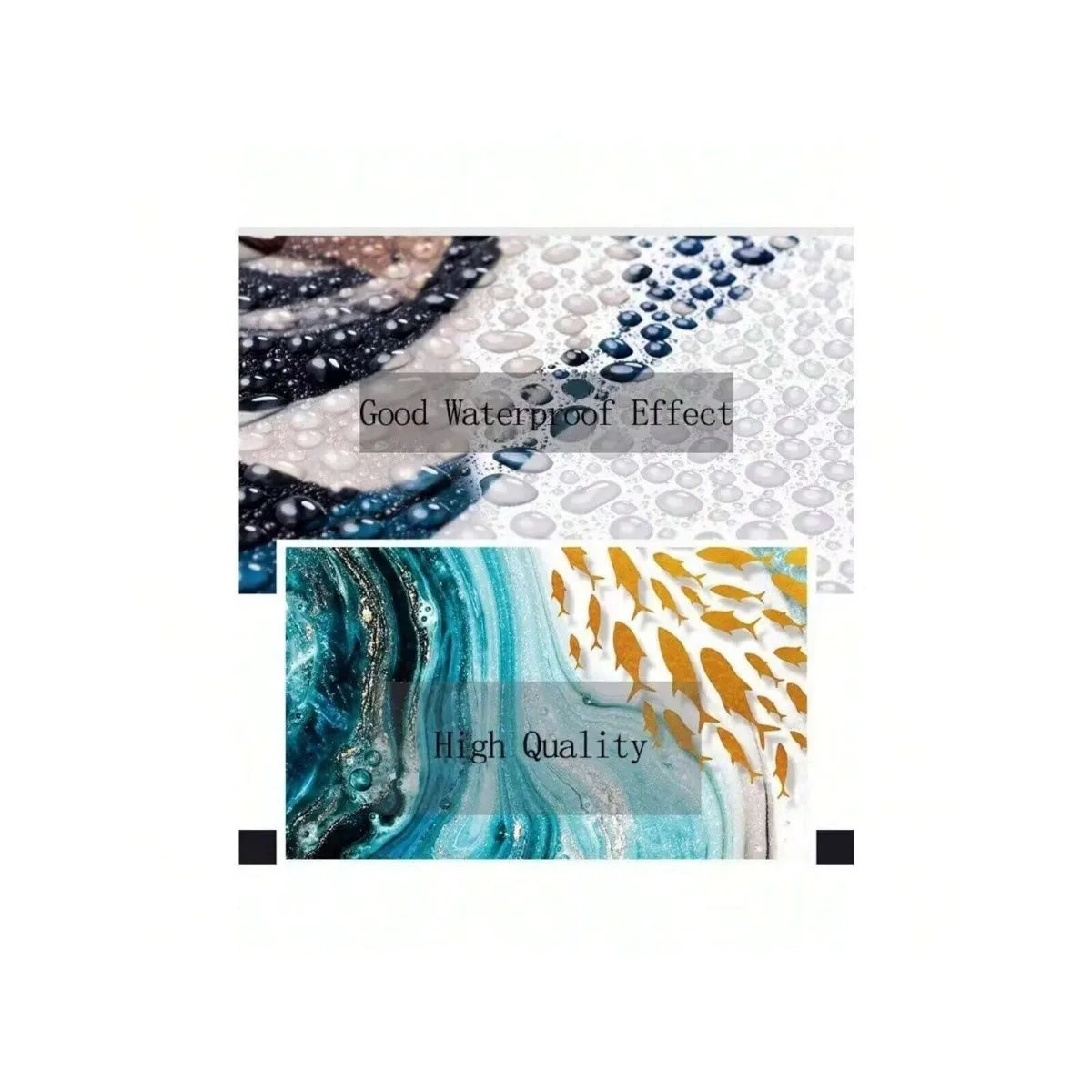 Two abstract art prints with text 'Good Waterproof Effect' and 'High Quality' on a white background.