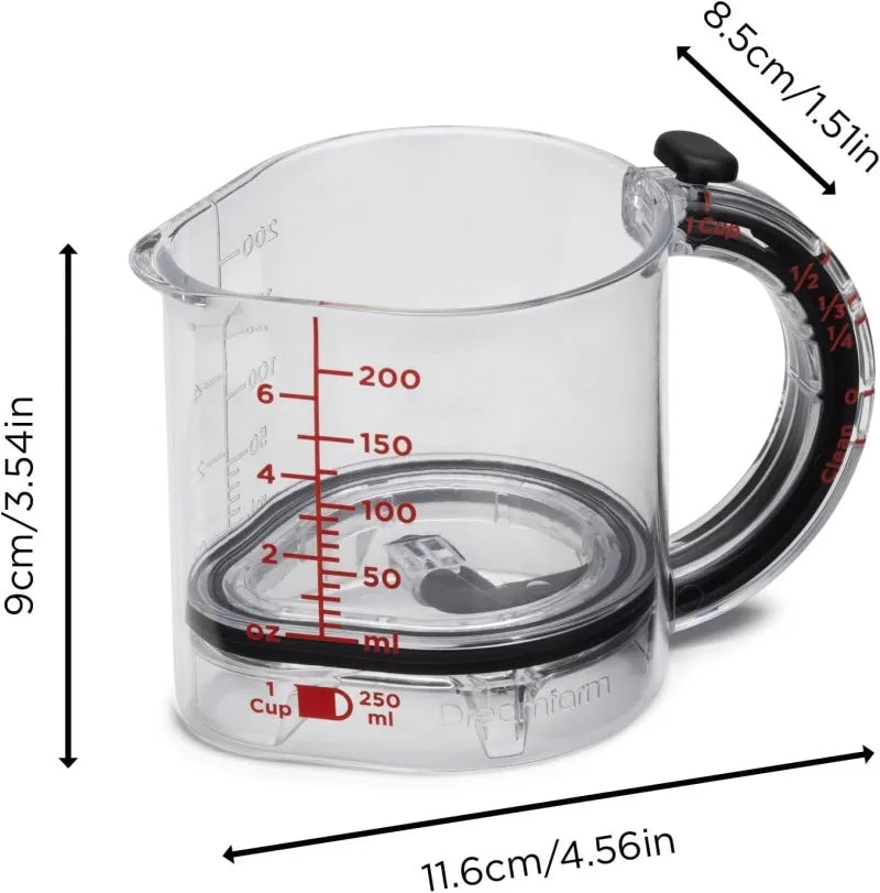 Clear measuring cup with red measurement markings and black handle, shown with dimensions on a white background.
