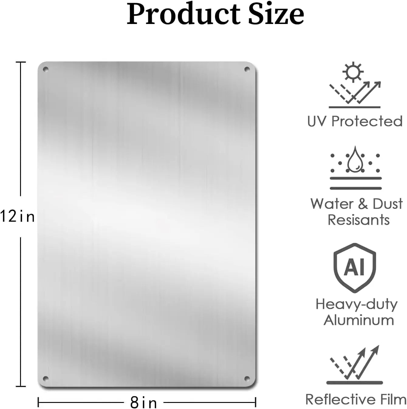 Metal sheet with dimensions and features listed on a white background