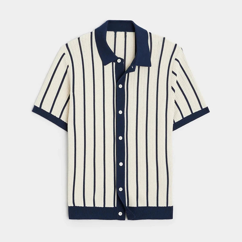 Striped shirt with navy and white colors on a light gray background