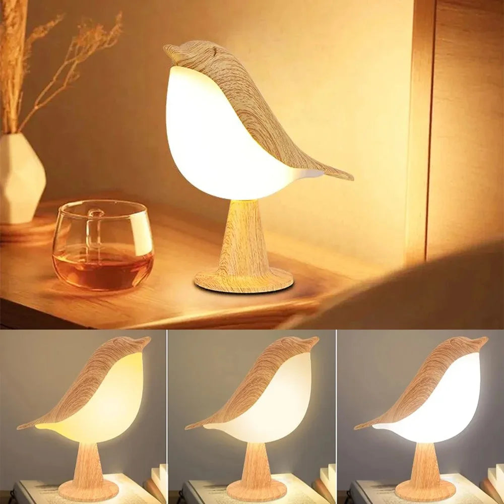 Bird-shaped lamp on a wooden surface with a glass of tea, surrounded by four close-up views.
