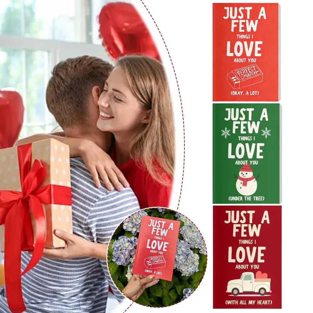 Couple embracing with a gift, surrounded by 'Just a Few Things I Love About You' cards in various designs.