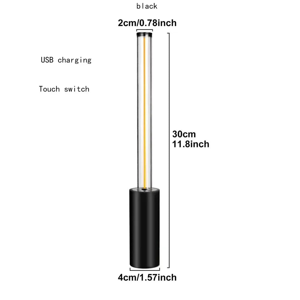 Measurement chart of a cylindrical device with USB charging and touch switch features on a white background.
