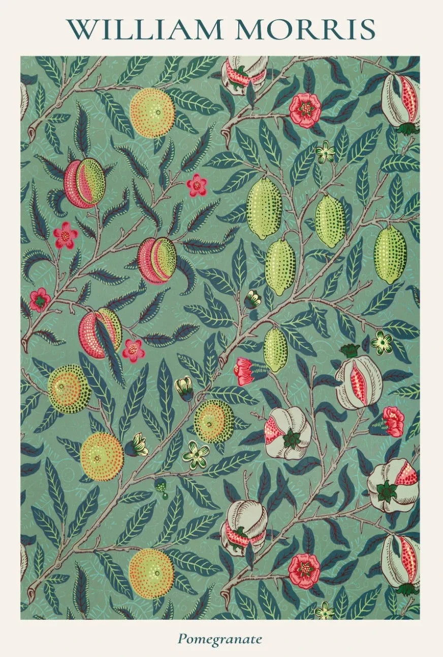 Decorative design with pomegranate pattern on a green background, inspired by William Morris.
