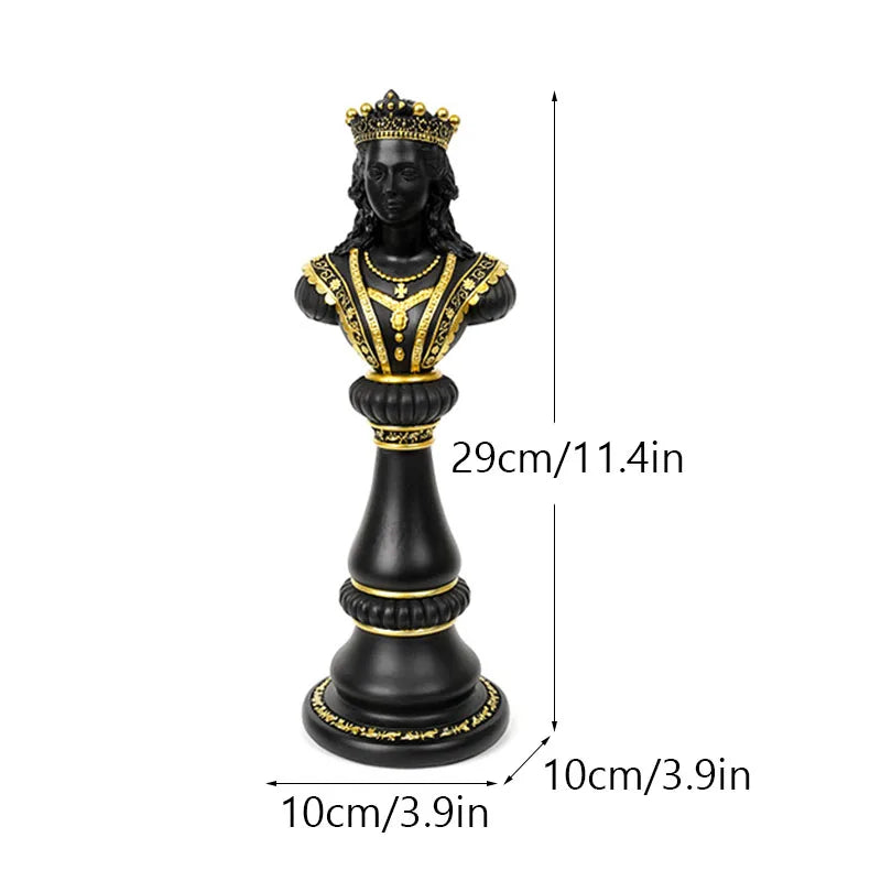 Black and gold chess piece with crown, showing measurements on a white background