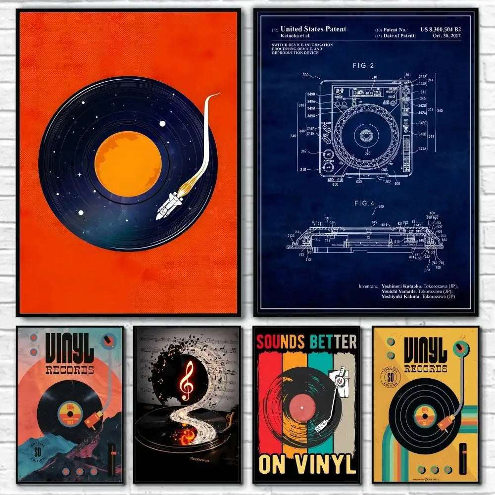 Collection of vinyl record-themed posters on a brick wall background